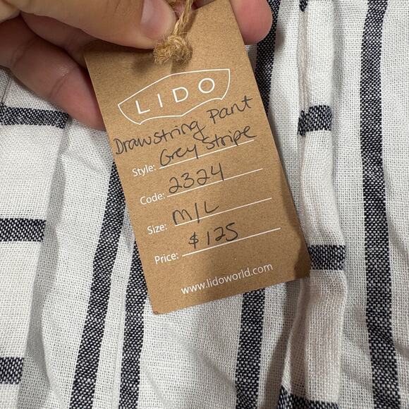 Lido World M/L Drawstring Stripe Paperbag Pants White Linen Straight Tie Waist - Picture 8 of 9